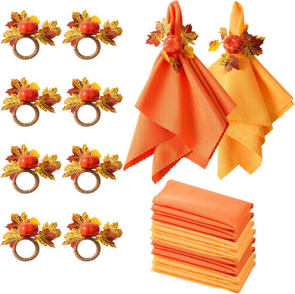 Fall Thanksgiving Decorations Set of 16, Fall Cloth Napkins & Napkin Rings | 8 Pcs Fall Thanksgiving Napkins Cloth &