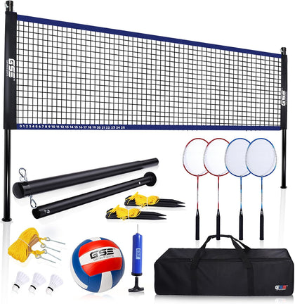 GSE Badminton and Volleyball Combo Set, Yard Net Game, for Outdoor | Easy Assembly Net Set, Ball, Pump, Boundary Line