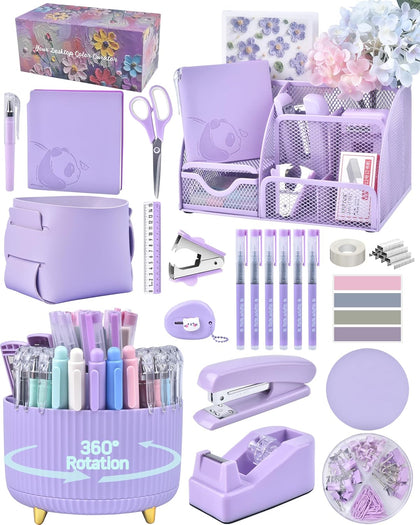 Purple Desk Accessories and Organizers with Desk Organizer and 360°Rotating Pen Holder stapler Pen and a Lot of