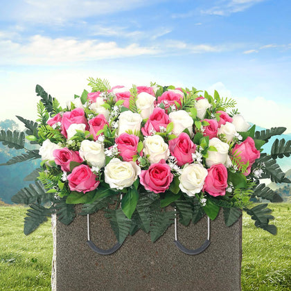 Artificial Cemetery Flowers for Grave,Headstone Flowers Saddle Outdoor Grave Saddle Memorial Silk Roses Flowers for
