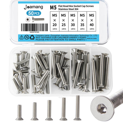M5 x 20mm 25mm 30mm 35mm 40mm Flat Head Hex Socket Cap Screws Countersunk Bolts, Stainless Steel 304, Metric Allen
