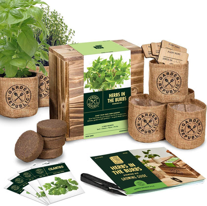 Indoor Herb Garden Starter Kit - Heirloom, Non-GMO Herb Seeds - Basil Thyme Parsley Cilantro Seed, Potting Soil