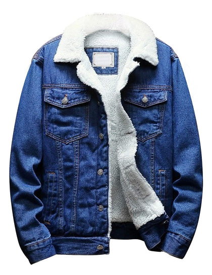 Men's Lapel Sherpa Fleece Lined Thicken Denim Jean Trucker Jacket Coats (0176-Dark Blue-L)