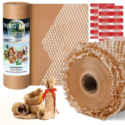 Honeycomb Packing Paper - Biodegradable Bubble Wrap Alternative 12"x200 FT, 80gsm with 20 Fragile Sticker Labels |