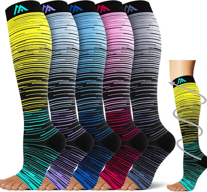 5 Pairs Open the toe Compression Socks for Men & Women 20-30 mmHg Graduated Compression Stockings for Sports Running