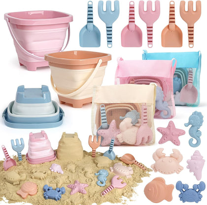 Beach Toys Set for Kids, 3 Pack Collapsible Sand Buckets and Shovels Set | Collapsible Beach Bucket Set with Mesh