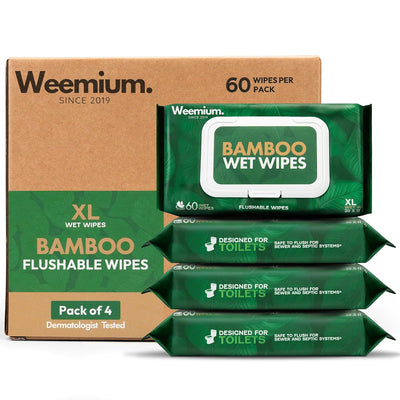 Bamboo Wipes – Pack of 4 (240 XL Flushable Wipes) – Organic, Tree-Free, FSC Certified & Septic Safe – 99% Water