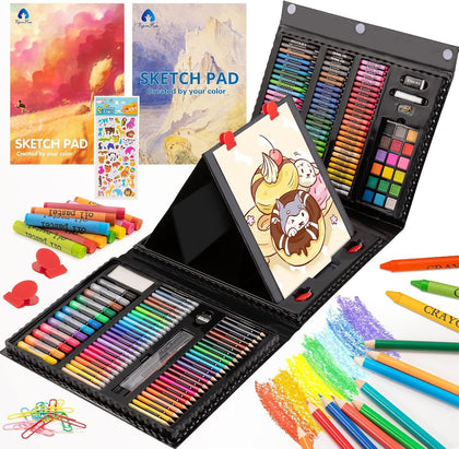 Art Supplies, 240-Piece Art Set Crafts Drawing Kits with Double Sided Trifold Easel, Sketch Pads, Crayons, Colored