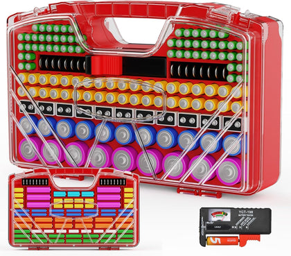 Battery Organizer Storage Holder Box Case with Tester - 285 Batteries Double-Sided Variety Pack, Holds AA AAA 4A C D