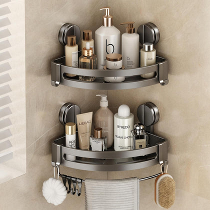 Corner Shower Caddy Suction Cup, 2 Pack Shower Shelves No Drilling, Showers Organizer Storage with Towel Bar &