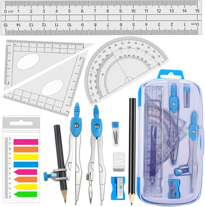 Math Compasses Back-to-School Starter Geometry Kit with 2 Drafting Compasses Protractor Set Squares Ruler and More