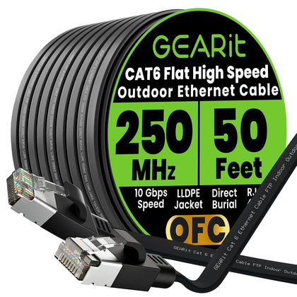 Cat 6 Outdoor Flat Ethernet Cable (50ft, Black) Direct Burial Rated LLDPE Jacket - Indoor Cat6 Shielded FTP 10Gbps