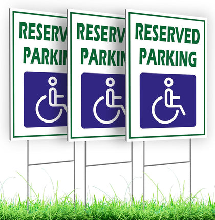 Pack of 3 Reserved Parking Double Sided Sign 12x8 inch with Metal H-Shaped Stakes - Handicap Parking Signs with