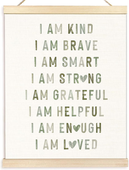 Boho Sage Green Positive Affirmations Wall Art Posters, Boho Nursery Decor Boy Girl, I Am Kind Brave Smart Canvas