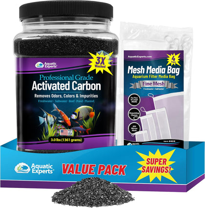 Premium Activated Carbon for Aquariums – 3 lbs Bulk Granulated Charcoal + Four 3" x 8" Fine Mesh Filter Bags