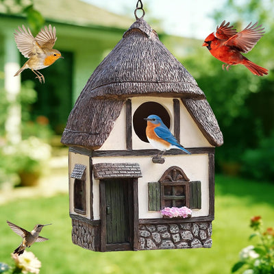 Bird Houses for Outside Cottage Birdhouse with Thatch Roof – Hand-Painted Resin Birdhouses for Outdoors for Bluebird