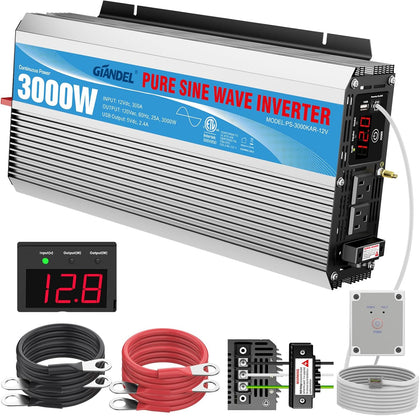 3000Watt Pure Sine Wave Inverter 3000W 12V DC to 110V 120V AC ETL Listed UL458 STD Lithium Battery Compatible with