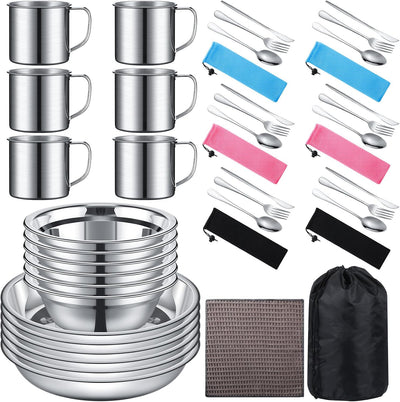 Outdoor Camping Cookware Mess Kit Polished Stainless Steel Dishes Camping Utensils Portable Tableware with Plates