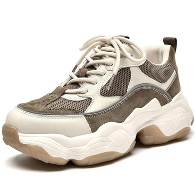 Chunky Sneakers for Women, Womens Fashion Sneakers, Lace Up Platform Comfortable Leather Casual Dad Shoes Beige Brown