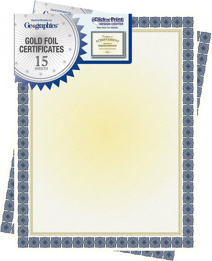 Blank Award Certificate Paper, 8.5 x 11", Premium Gold Foil & Kensington Blue Border Design (Pack of 15) | blank