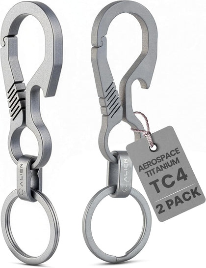 Titanium Carabiner Keychain Hook with Titanium Key Rings - 2 Pack EDC | Strong no-snag single body structure with