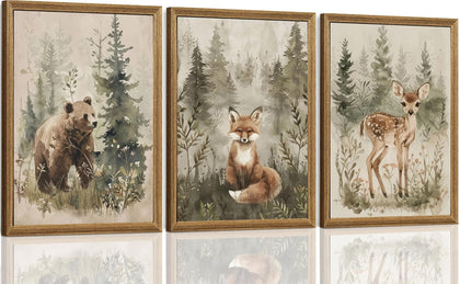 Woodland Animals Nursery Decor Framed Canvas Wall Art, 3pc 12x16 In | Cute Bear Fox Deer, Neutral Forest Animals