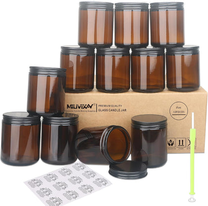 12 Pack 8 OZ Thick Glass Dark Amber Candle Jars with All Black Metal Lids-Bulk Empty Candle Jars for Making