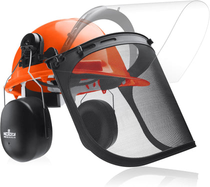 6-in-1 Industrial Chainsaw Helmet with Face Shield and Ear Muffs — Mesh & Clear Plastic Visors Included — ANSI Z89.1