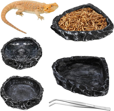 4 Pack Reptile Food Dish with Feeding Tongs, Resin Reptile Water Dish Food Bowl Feeding Terrarium Bowl for Leopard