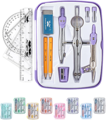 Geometry Set, 13 pcs, 3 Metal Compasses, Protractor, 6" Ruler | 45° & 30°/60° Set Squares, Pencils, Lead Refills