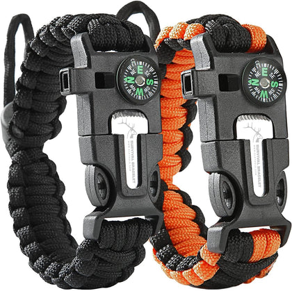 Paracord Survival Bracelets - 2 Pack, Adjustable Size, Loud Whistle, Fire Starter - Ideal for Outdoor Enthusiasts