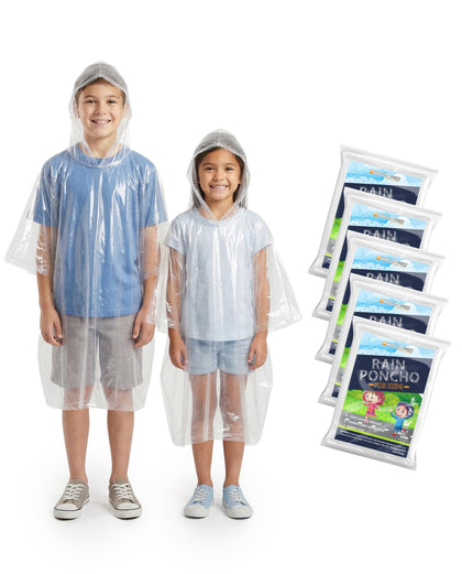 Disposable Rain Poncho for Kids with Hood (5 Pack)