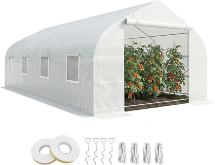 20 x 10 x 7 ft Outdoor Walk-in Greenhouse Zippered Door White | Tunnel Green House, Roll-up Windows, PE Cover, Heavy