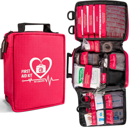 First Aid Kit with Rapid-Response Labeled Compartments, Compact Waterproof Emergency Kit with Molle Straps for Car