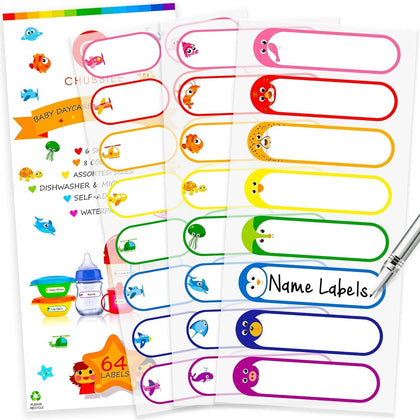 Baby Bottle & Daycare Name Labels, 64-Pack | Self-Laminating Waterproof Stickers, Dishwasher Safe Write-On Tags for