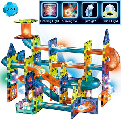 Glowing Magnetic Tiles Marble Run Race Track Super Set - 110 Complete Pieces Glow in The Dark STEM Light Magnetic