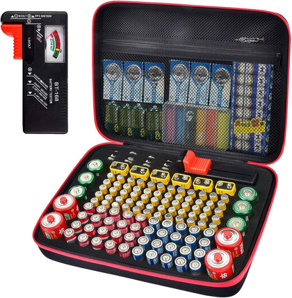 136+ Battery Organizer Storage Case with BT-168 Tester | AA AAA C D 9V & Button Cells Batteries Holder Box, Foam