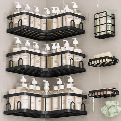 Large Capacity Corner Shower Caddy 6-Pack, Advanced Rustproof Design | No Drilling Adhesive Shelves, High-Load Rack