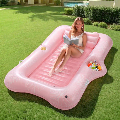 Pool Floats Adult, Large Floating Bed with Ice Bar, Tanning Bed Pool Raft Inflatable Lounger with Drink Holder