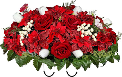Artificial Cemetery Flowers for Grave Decoration,Christmas Poinsettias Headstone Flower Saddle,Non Bleed Colors and