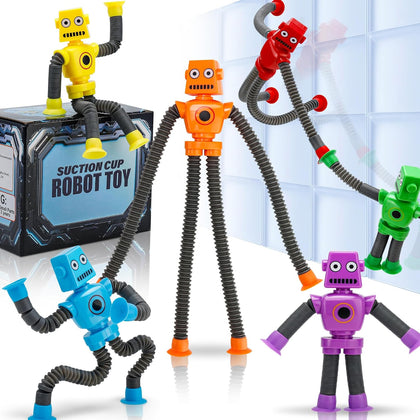 Robot Sensory Pop Tubes Toys 6PCS for Toddlers Boys Age 3-8, Suction Cup Stretchy Fidget Toy, Travel Toys, Autism