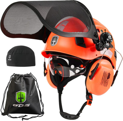 Forestry Chainsaw Safety Helmet with Mesh Face Shield Built-in Visor and Earmuffs 5 in 1 System Vented Arborist