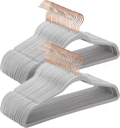 Slim Velvet Hangers, Non-Slip Clothes Hangers with Rose Gold Swivel Hooks, Space-Saving