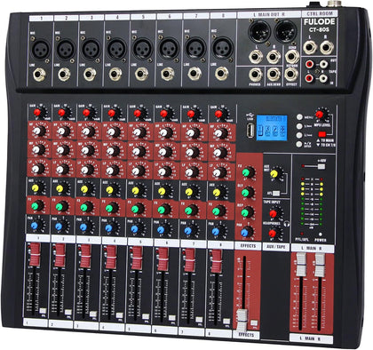 Audio Mixer 8 Channel, CT-80S Professional Sound System Mixer Board DJ Mixing Console with Reverb MP3 Player