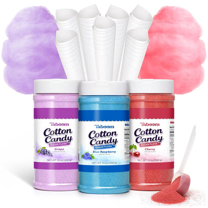 Cotton Candy Sugar Floss Variety Pack - Grape, Raspberry & Cherry Flavors, 3 Bottles (12oz Each) Includes 55 Cones