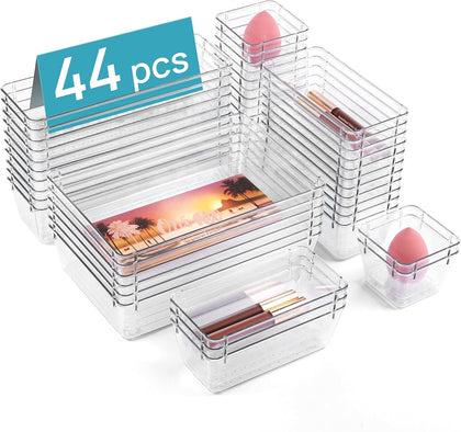 44 PCS Clear Plastic Drawer Organizers Set, 4-Size Versatile Bathroom and Vanity Organizer Trays, Non-Slip Storage