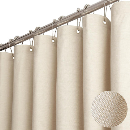 Beige Linen Textured Waterproof Fabric Shower Curtain, 72x72, Cream | 230GSM Polyester, Heavy Duty Cloth, Weighted