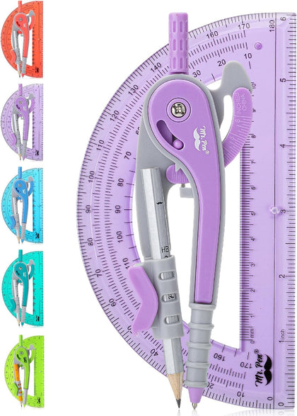 Geometry Compass and Protractor Set, 6 Inch Compass | 6 Inch Protractor, Drawing Tool for School, Clear Plastic, Easy
