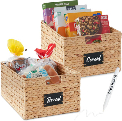 Pantry Baskets Set of 2 16x12in Water Hyacinth Storage Baskets, Woven Wicker Kitchen Organizers with handles