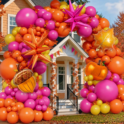 Fall Balloon Arch Kit – Thanksgiving Balloon Arch Kit | Hot Pink Orange Yellow Balloons Maple Leaf Star Foil Balloons